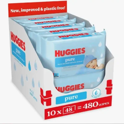 Huggies Pure Plastic Free Baby Wipes, 99 Percent Water, Fragrance Free, Hypoallergenic, Soft & Gentle, 48s x 10 (480 Wipes) - B05380