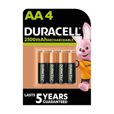 Duracell DX1500 AA Rechargeable 2500mAh 4-Pack – NiMH, Pre-Charged, 400 Recharges