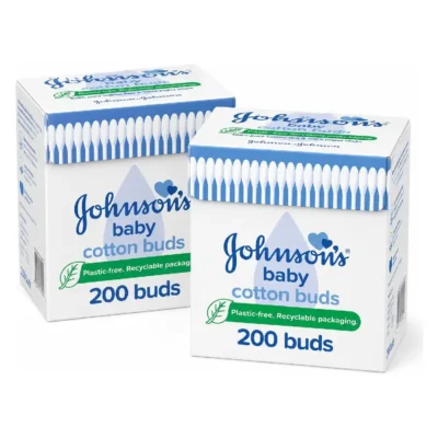 Johnsons Baby Pure Cotton Buds, 100 Percent Pure Cotton Tips, Soft & Gentle, Hygienic & Absorbent, 200s x 2 - B0125