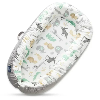 Little Story Soft Breathable Fiberfill Newborn Lounger Bed, 4cm Mattress, Adjustable Snuggle Nest, Reversible Animal & Grey Design, Jungle Grey - LS_NBLB13_MU