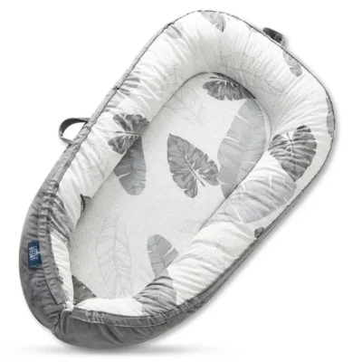 Little Story Soft Breathable Fiberfill Newborn Lounger Bed, 4cm Mattress, Adjustable Snuggle Nest, Reversible Feather & Grey Design, Feather Grey - LS_NBLB12_MU