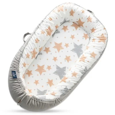 Little Story Soft Breathable Fiberfill Newborn Lounger Bed, 4cm Mattress, Adjustable Snuggle Nest, Reversible Star & Grey Design, Galaxy Grey - LS_NBLB11_MU