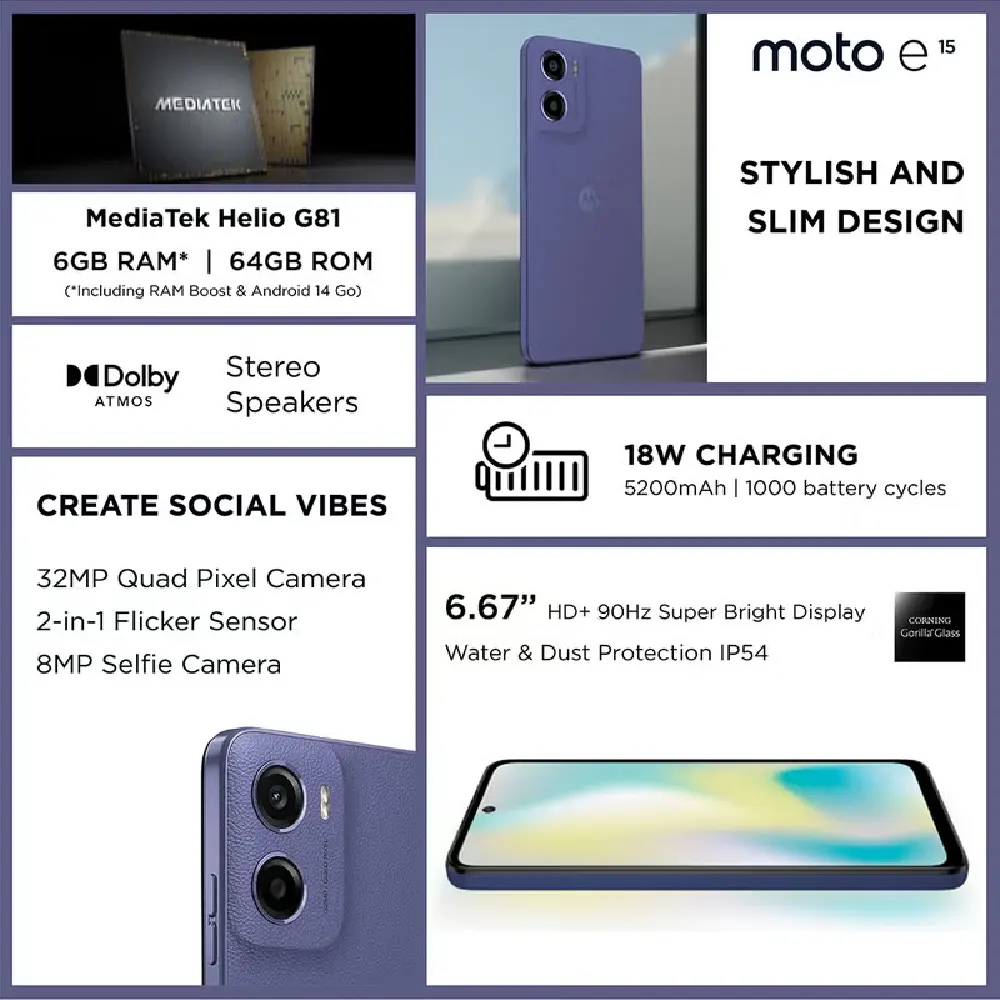 Motorola E15 4G Dual SIM - 6.67 Inch LCD Display, 2GB, 64GB, 32MP AI Camera, 5200mAh Battery, Fresh Lavender - Middle East Version - Image 4