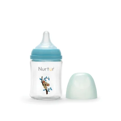 Nurtur Cozi Anti-Colic Glass Feeding Bottle, 160ml Wide Neck with Soft Silicone Natural Latch Teat, BPA-Free, Blue - TCNR-8967-160G