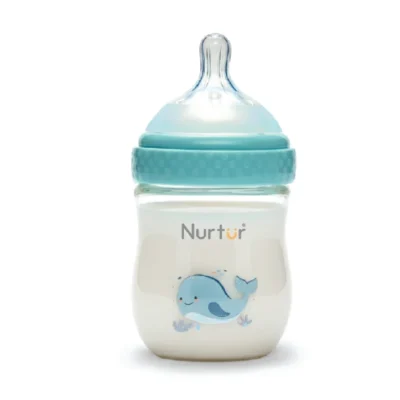 Nurtur Cozi Anti-Colic Glass Feeding Bottle, 160ml Wide Neck with Soft Silicone Natural Latch Teat, BPA-Free, Blue - TCNR-9005-160G