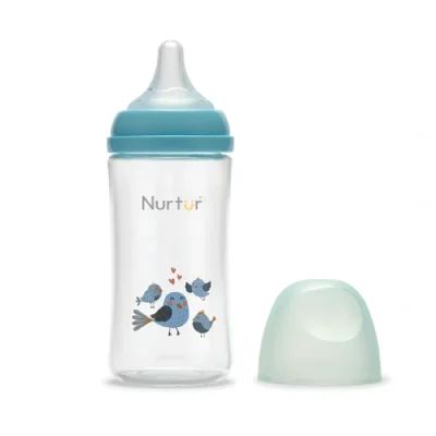 Nurtur Cozi Anti-Colic Glass Feeding Bottle, 240ml Wide Neck with Soft Silicone Natural Latch Teat, BPA-Free, Blue - TCNR-8967-240G