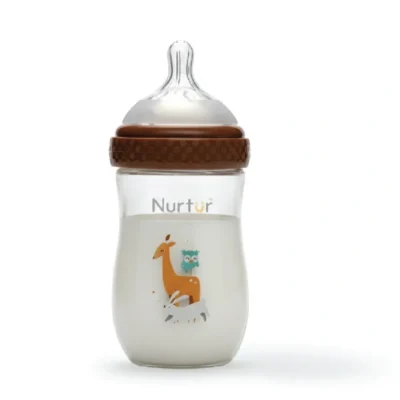 Nurtur Cozi Anti-Colic Glass Feeding Bottle, 240ml Wide Neck with Soft Silicone Natural Latch Teat, BPA-Free, Brown - TCNR-9005-240G