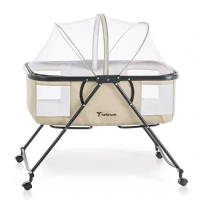 Teknum 3-in-1 Baby Cot & Cradle with Mosquito Net, Mattress, Universal Wheels with Brake, Foldable Design, Ivory - TK_BA3in1_IV