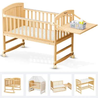 Teknum 7-in-1 Convertible Kids Bed & Bedside Crib with 5cm Memory Foam Mattress, Mosquito Net & Detachable Wheels, Natural Wood - TK_7in1WBSC_WD