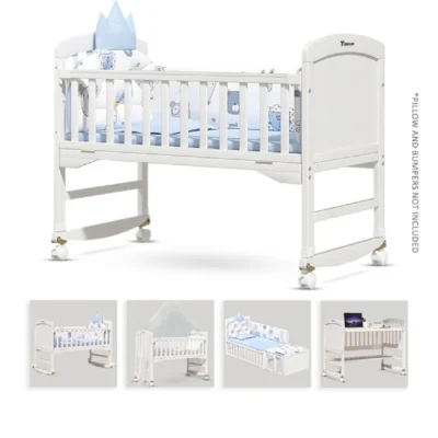 Teknum 7-in-1 Convertible Kids Bed & Bedside Crib with Mattress, Mosquito Net, Changing Table, Rocker & Detachable Wheels, White - TK_WBSC_WH
