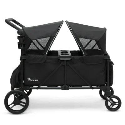 Teknum Fellow Wagon Stroller for 2 Kids with Snack Tray, Dual Canopies, Adjustable Handlebar & Storage Bag, Black - TK_WAG2_BK
