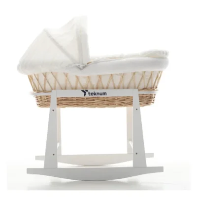 Teknum Infant Wicker Moses Basket with White Waffle Bedding & Rocker Stand, Canopy, Liner, Quilt & Mattress, Brown - TK_WIBABE&ST_NA