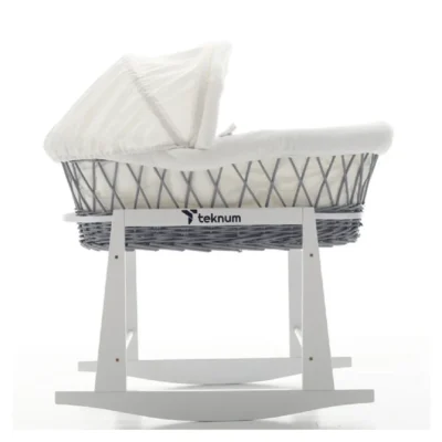 Teknum Infant Wicker Moses Basket with White Waffle Bedding & Rocker Stand, Canopy, Liner, Quilt & Mattress, Grey - TK_WIBABE&ST_GY