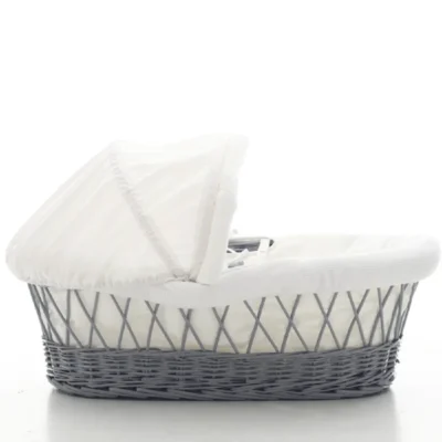 Teknum Infant Wicker Moses Basket with White Waffle Bedding, Canopy, Liner, Quilt & Mattress, Grey - TK_WIBABE_GY