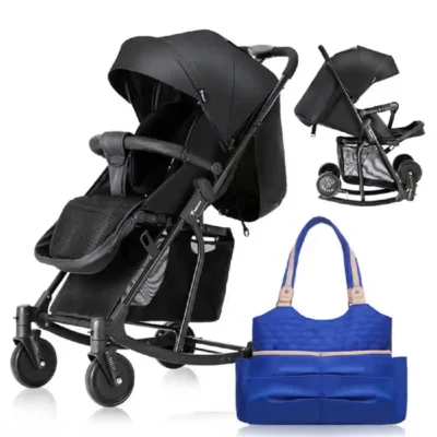 Teknum Stroller with Rocker, 2-in-1 Convertible Design, 6-Inch Wheels, 3kg Basket & Blue Diaper Tote Bag, Black - CM_TKSN_STROKBKFDP2BU