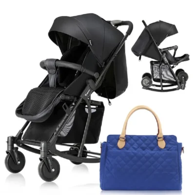 Teknum Stroller with Rocker, 2-in-1 Convertible Design, 6-Inch Wheels, 3kg Basket & Blue Diaper Tote Bag, Black - CM_TKSN_STROKBKFDP3BU