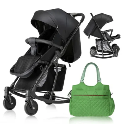 Teknum Stroller with Rocker, 2-in-1 Convertible Design, 6-Inch Wheels, 3kg Basket & Green Diaper Tote Bag, Black - CM_TKSN_STROKBKFDP1GR