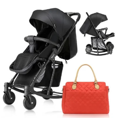 Teknum Stroller with Rocker, 2-in-1 Convertible Design, 6-Inch Wheels, 3kg Basket & Orange Diaper Tote Bag, Black - CM_TKSN_STROKBKFDP3OR