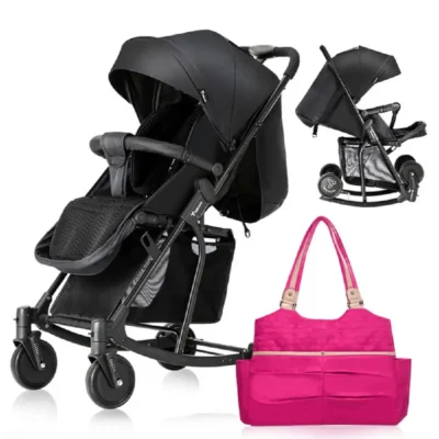 Teknum Stroller with Rocker, 2-in-1 Convertible Design, 6-Inch Wheels, 3kg Basket & Pink Diaper Tote Bag, Black - CM_TKSN_STROKBKFDP2PI