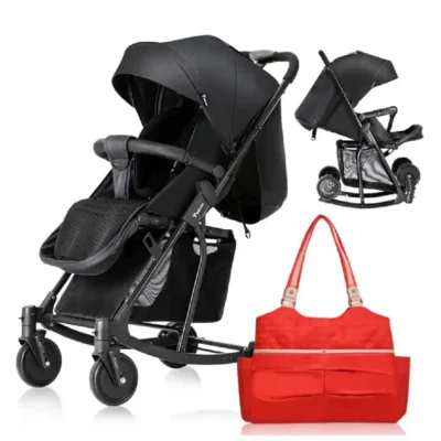 Teknum Stroller with Rocker, 2-in-1 Convertible Design, 6-Inch Wheels, 3kg Basket & Red Diaper Tote Bag, Black - CM_TKSN_STROKBKFDP2RD