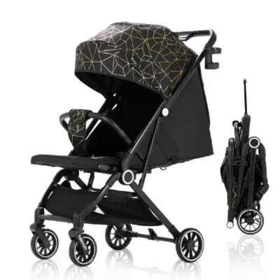 Teknum TravelZen Stroller with Coffee Cup Holder, Compact One-Second Folding, Wide Seat & Canopy, 5-Point Harness, Black Gold - TK_TZEN_BG