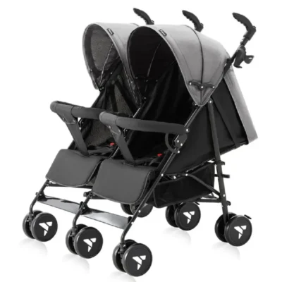 Teknum Twin Stroller Fellow, Double Baby Stroller with 180 Degree Reclining Seats, 2 x 5-Point Harness, Large Basket & Peek-a-Boo Canopy, Grey - TK_TWSFE_GY