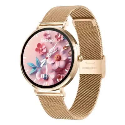 Telzeal LOLA-6 Round Ultra-Slim Smartwatch for Women, 3 Interchangeable Straps, Fitness Tracker, HD Touch Display, Gold